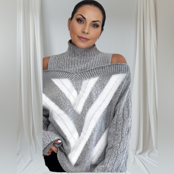Oversized Chunky Cable Knit Sweater Sexy Boho Chic Grey White Off Shoulder 4X - Picture 1 of 10